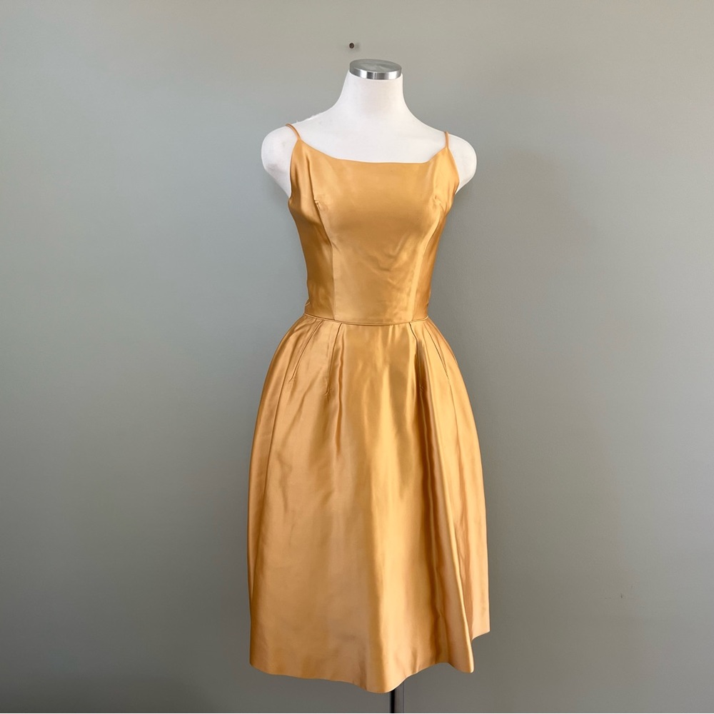 Vintage Gold Satin Spaghetti Strap Prom Dress